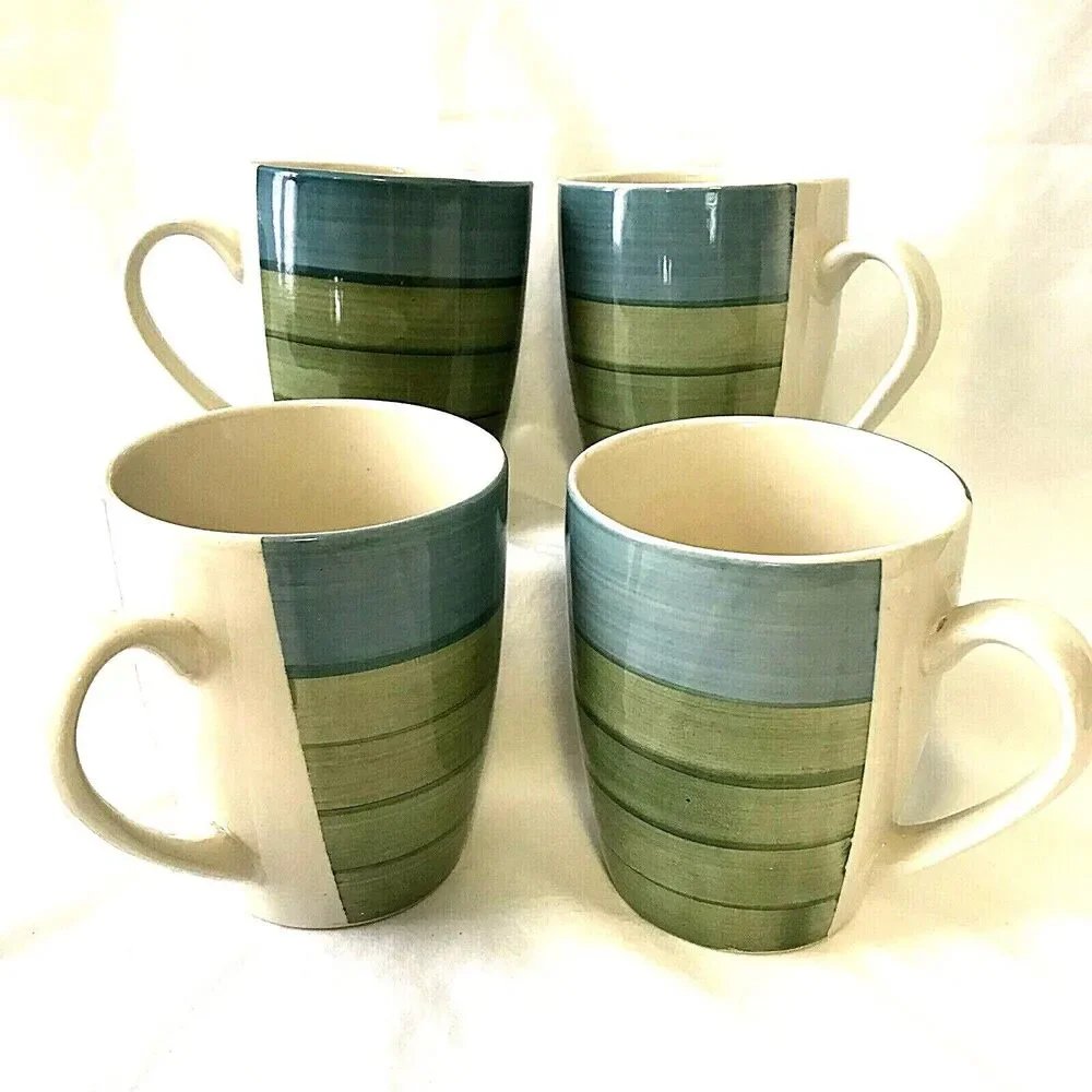 Pier 1 Stoneware Mugs Coffee Tea 4 Set RETIRED Stripe Blue Green Cabincore Beach